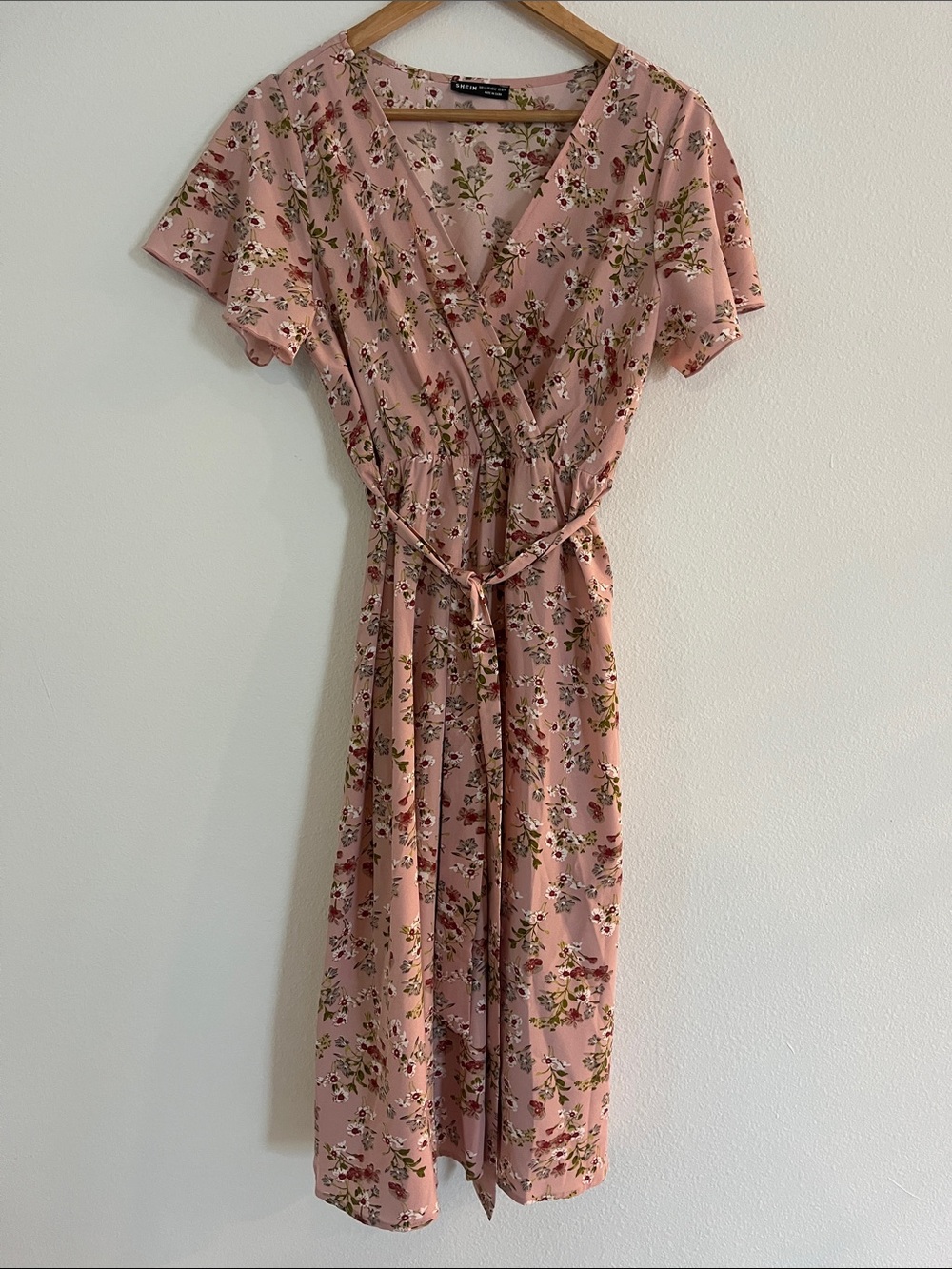 SHEIN Pink Floral Belted Midi Dress